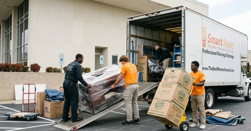 Moving crew loading wrapped furnishings and boxes beside a commercial building