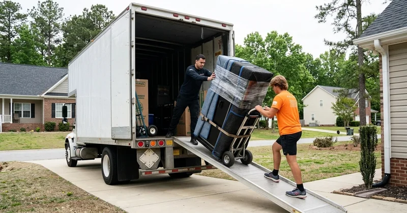 Movers guiding a wrapped heavy item on a dolly up a truck ramp