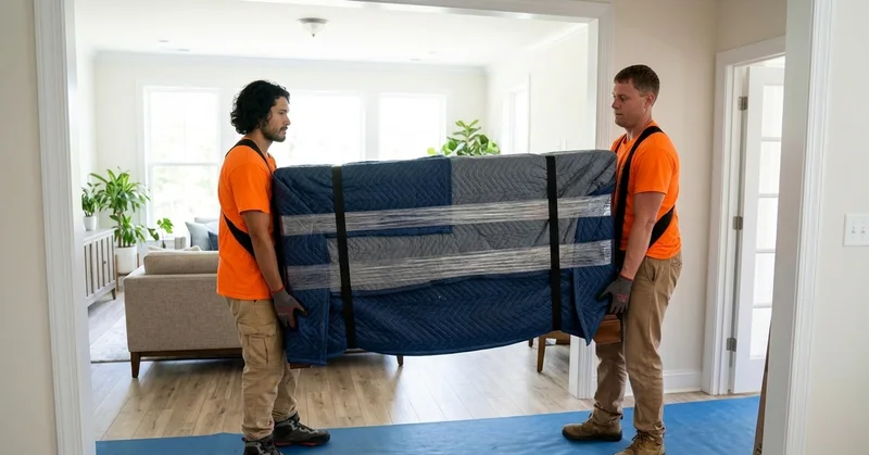 Two movers carrying a wrapped sofa through a home doorway
