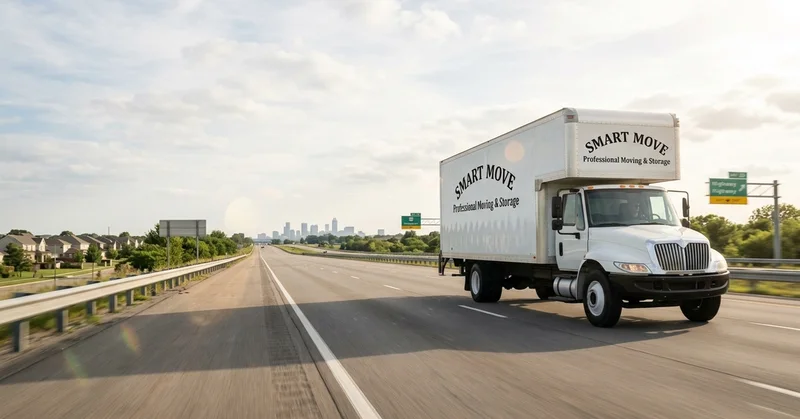 Smart Move truck traveling on a highway toward a city skyline