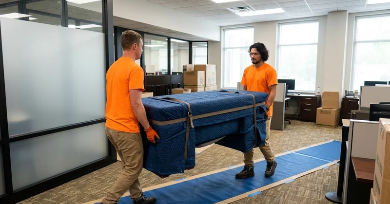 Two movers carrying a protected desk through an office