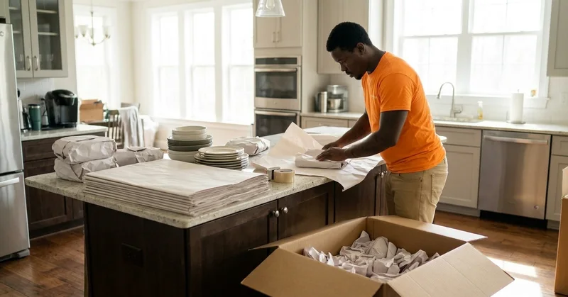 Mover wrapping dishes with packing paper at a kitchen counter