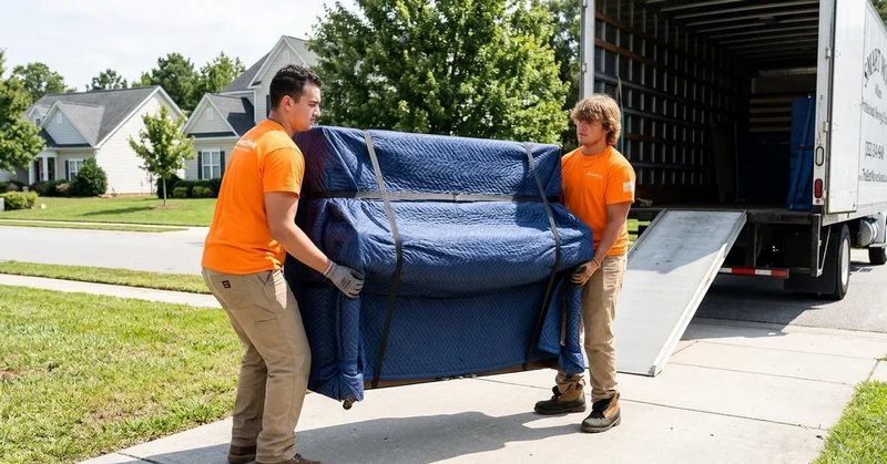 Two movers carrying a blanket-wrapped upright piano beside a truck