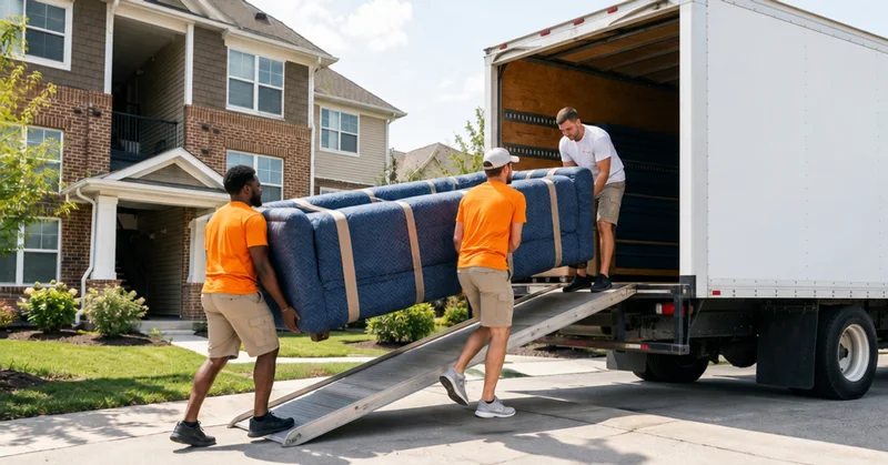 Movers loading a blanket-wrapped sofa into a truck outside an apartment building