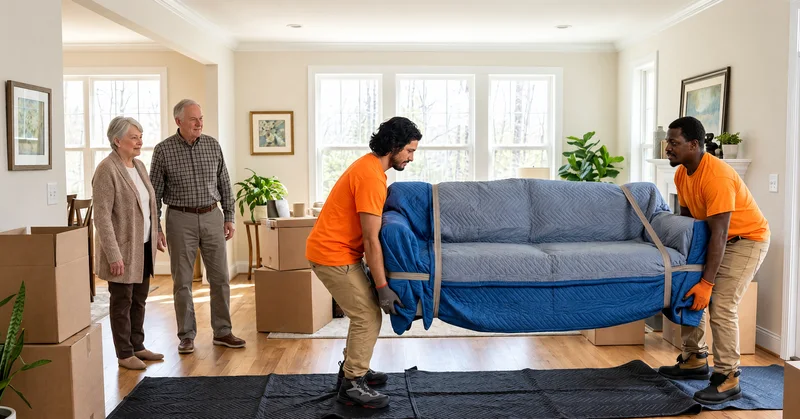 Movers carrying a protected sofa with an older couple nearby