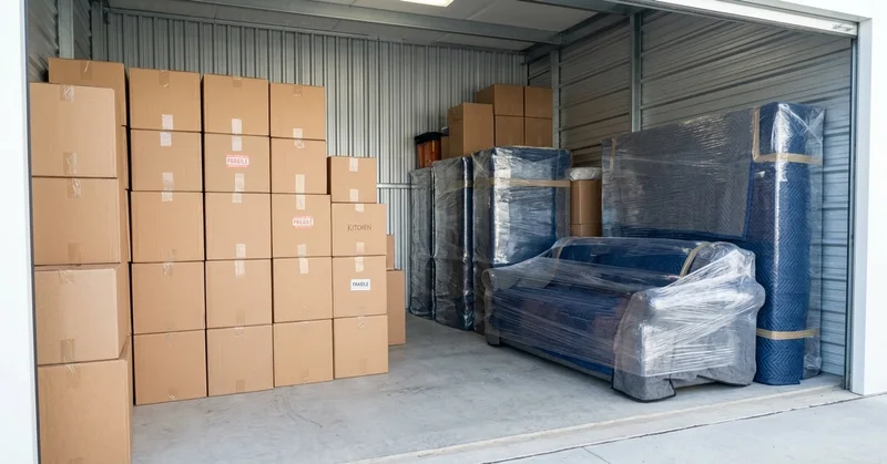 Stacked boxes and protected furniture inside a storage unit