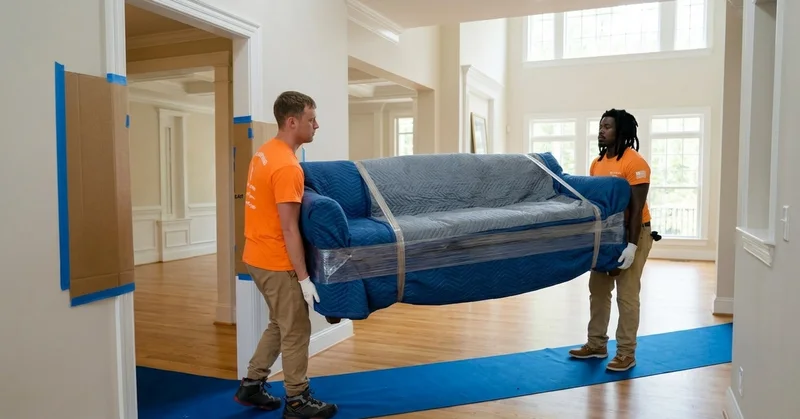 Movers carrying a carefully wrapped sofa through a protected doorway